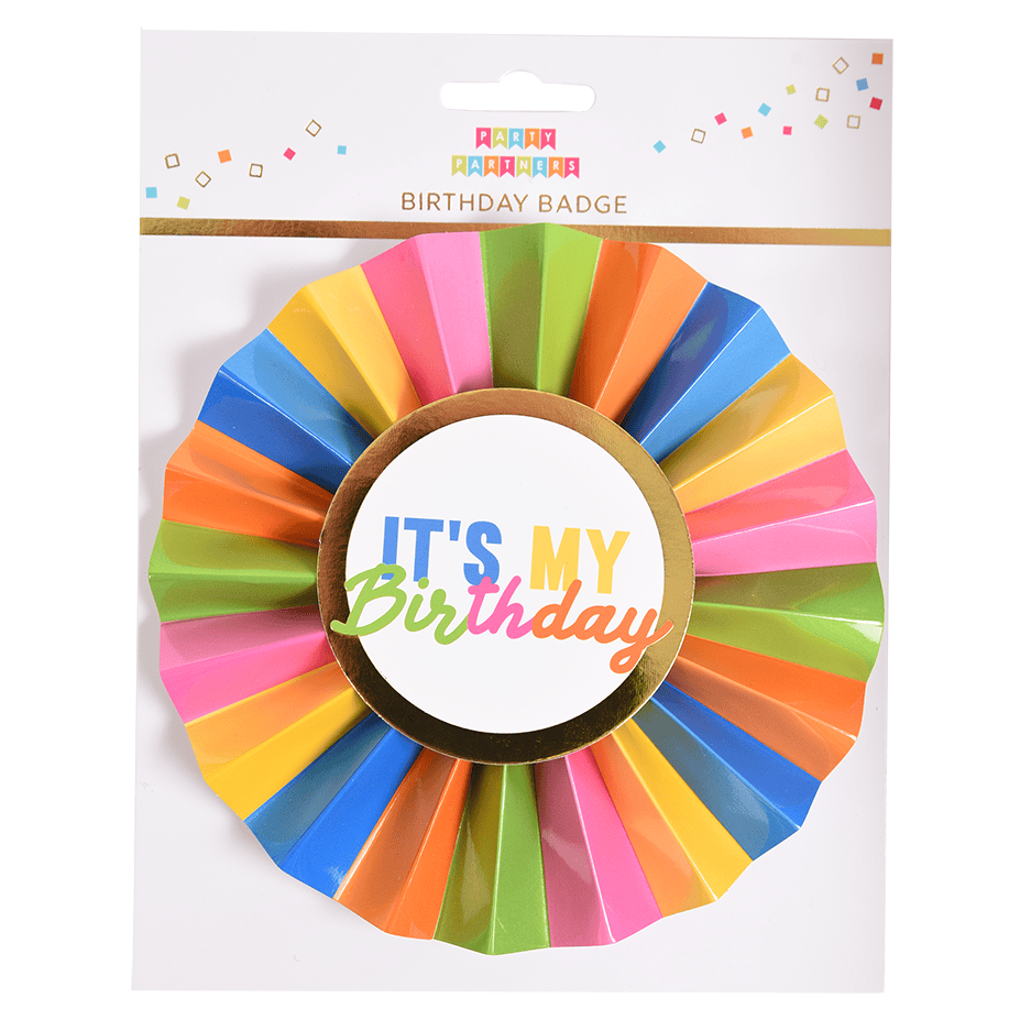Colorful paper badge with rainbow "Happy Birthday" text, featuring paper glasses and wand accessories by Cardmore.